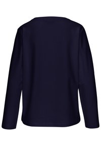 Tumesinise, pikakäistega särk, millel on ümar kaelus ja sile puuvillane tekstuur, koos ehedate varrukatega ja sirge äärisega.