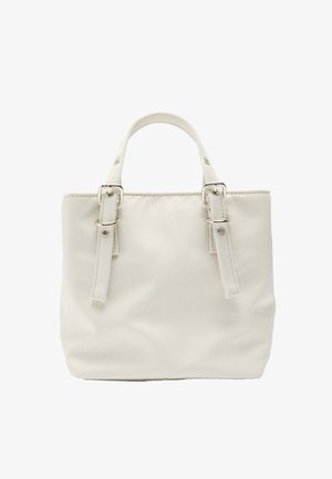 Biała torba typu tote, wykonana z gładkiego materiału, z dwoma regulowanymi paskami, prostokątnym kształtem oraz przeszyciami.