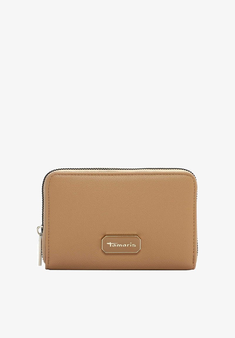 Portefeuille en cuir beige à texture lisse, fermeture éclair et ferrures dorées avec un logo rectangulaire Tamaris sur le devant.