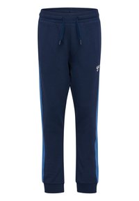 Granatowe dresy wykonane z miękkiego materiału, z elastycznym pasem ze sznurkiem, zwężającymi się nogawkami i jasnoniebieskimi paskami po bokach dla kontrastu.