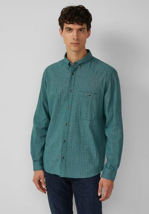 Turquoise overhemd met knopen, met een ruitpatroon, lange mouwen, een enkele borstzak en contrasterende knopen. De stof lijkt gestructureerd.
