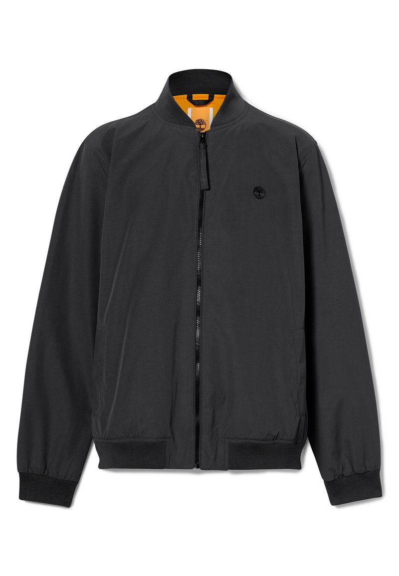 Veste bomber noire avec fermeture éclair à l'avant, poignets et ourlet côtelés. Présente un petit logo sur la poitrine gauche et une doublure orange. Texture de tissu lisse.