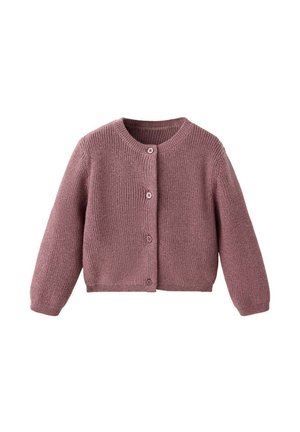 Mauvekleurig gebreid vest met lange mouwen, ronde hals en vier knopen aan de voorkant, ontworpen voor een kind.