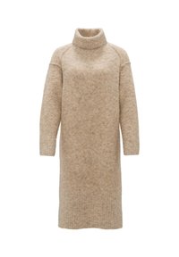 Beige Wollrollkragenkleid mit langen Ärmeln, lockerer Passform und strukturierter Oberfläche. Fällt bis zur Mitte der Wade mit gerippten Details an den Bündchen.