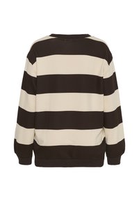 Sudadera de manga larga con rayas horizontales anchas en negro y beige, con puños y cinturilla acanalados, vista desde atrás.