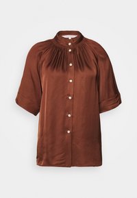 Kortom, bruin blouse met korte mouwen, gemaakt van een zijdezacht materiaal, met een staande kraag, knoopsluiting en geplooide details op de schouders.
