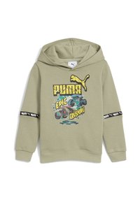 Felpa Puma verde chiaro con grafica di due monster truck che schiacciano automobili e testo "Epic Crushing" sul davanti, nastro con logo Puma nero sulle maniche.
