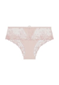 Light pink lace panties featuring intricate floral embroidery, a scalloped edge, and a smooth cotton base with a delicate waistband detail.
