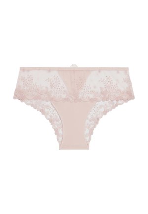 Light pink lace panties featuring intricate floral embroidery, a scalloped edge, and a smooth cotton base with a delicate waistband detail.