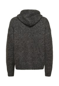 Grijze gebreide hoodie met een textuurontwerp, grote capuchon en een licht oversized pasvorm. Voorzien van ribbelmanchetten en een ribbelzoom voor extra detail.