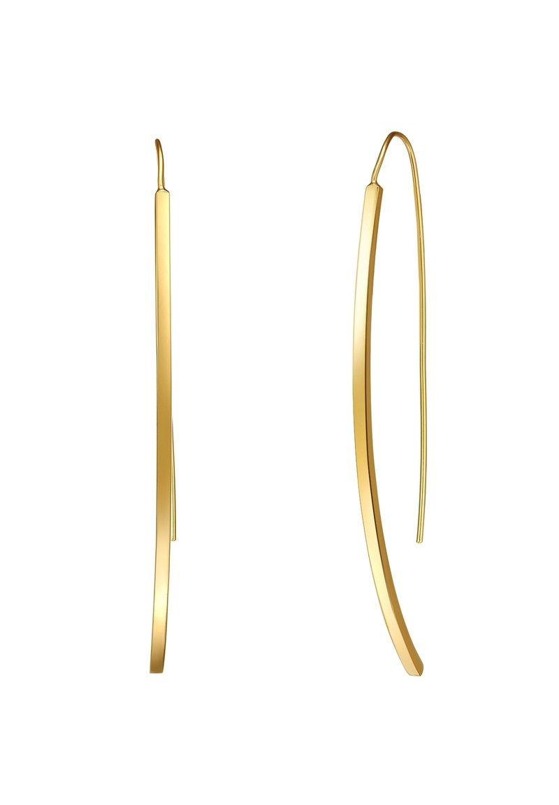 Zlato-tonirane uhani iz žice z ukrivljenim in podolgovatim dizajnom. Gladka tekstura z minimalističnim videzom, ki se na koncu zoži v droben vrh.