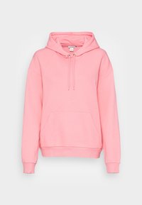 Sudadera con capucha rosa, con un bolsillo delantero, cordones y puños de canalé. Tejido suave y corte holgado, adecuado para un uso casual.