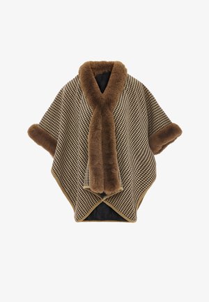 Brunternetternes poncho med en faux fur-krave og manchetter, der har en blød tekstur og en trekantet skæring for en oversized pasform.