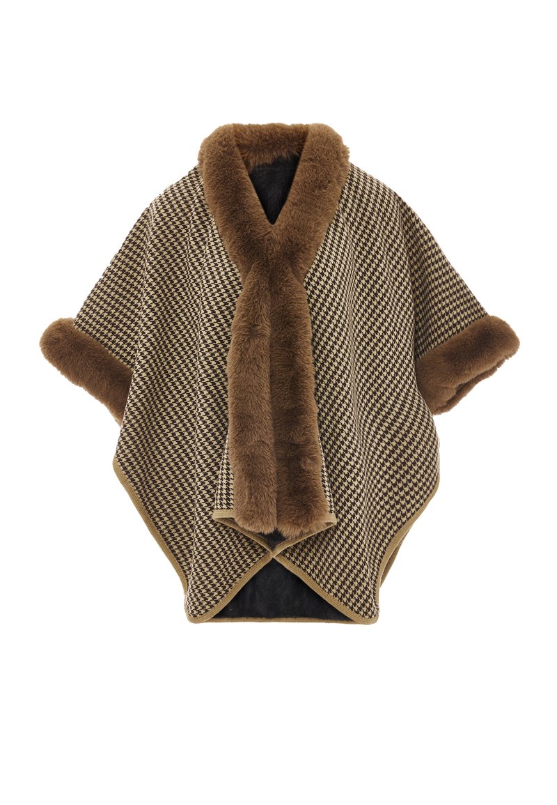 Bruin geruite poncho met een faux fur kraag en manchetten, met een zachte textuur en een driehoekige snit voor een oversized pasvorm.