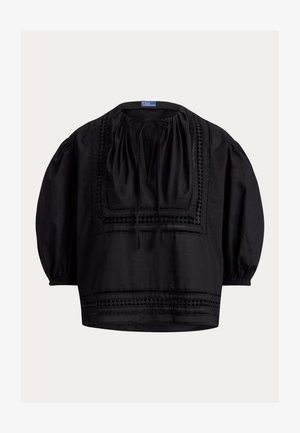 Čierna voľná blúzka s balónovými rukávmi, štvorcovým výstrihom, viazaním vpredu a prešívanou geometrickou výšivkou na hrudi a okraji.