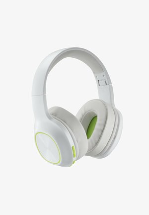 White over-ear headphones with green accents, soft cushion ear pads, and a smooth finish. Features control buttons on ear cup.