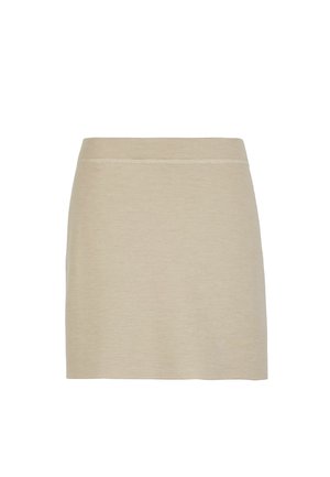 Beige bomullsminikjol med slät textur, resårmidja och enkel design. Inga synliga mönster eller metalldetaljer.