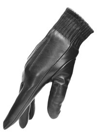 Juodas odinis pirštinė su tvirtai prigludusia riešo dalimi, lygia tekstūra ir šiek tiek raukšlėta apykakle. Yra siuvimo detalės ant delno ir pirštų.