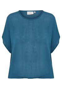 Top corto a maniche corte, in tessuto teal scuro, con una consistenza morbida, scollatura rotonda e spacchi laterali per flessibilità e comfort.