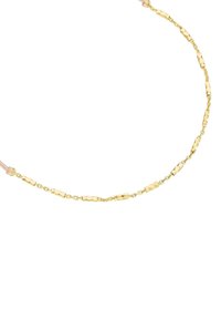 Auksinė grandinėlė su tekstūruotais stačiakampiais jungtimis, pakaitomis su lygiais apvaliais. Įeina subtilus uždarymo mechanizmas.