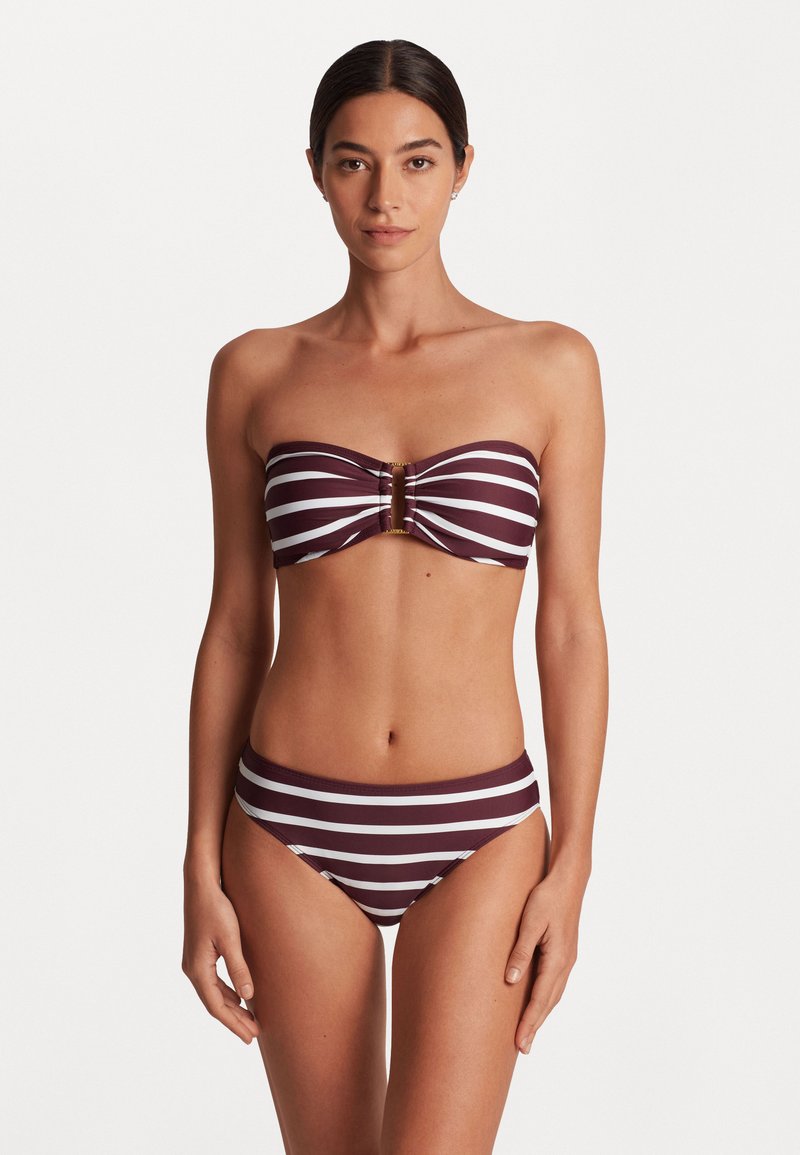 Bešalčių, bordo ir baltų dryžuotų bikini rinkinys su centriniu akcentu viršuje. Minkšta medžiaga su lygiu paviršiumi ir prigludusia forma.