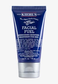 Kiehl's Facial Fuel tube, 75 ml, blå med sølvdetaljer, har preget tekst og grafikk; ikke-fet, energigivende fuktighetsbehandling.