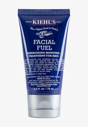Kiehl's Facial Fuel tube, 75 ml, blå med sølvdetaljer, har preget tekst og grafikk; ikke-fet, energigivende fuktighetsbehandling.