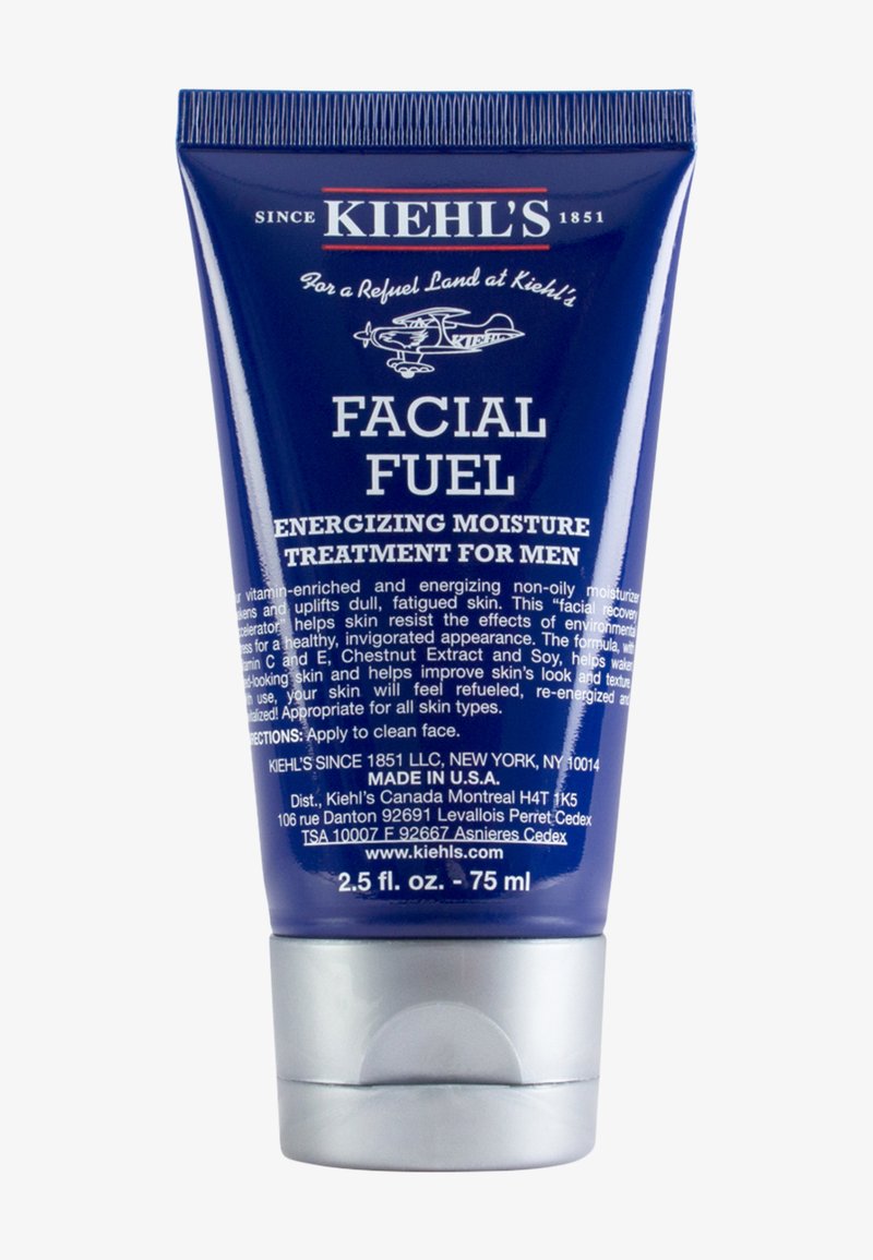 Kiehl's Facial Fuel tube, 75 ml, blå med sølvdetaljer, har preget tekst og grafikk; ikke-fet, energigivende fuktighetsbehandling.