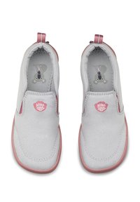Gray canvas slip-on shoes with pink rubber soles and accents. Features a small logo and a printed design inside the shoe.