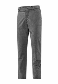 Grijze corduroy broek met verticale strepen, rechte snit, knoopsluiting, zijzakken en een zachte textuur.