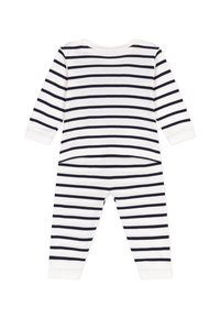 Σετ ριγέ πιτζάμες με λευκό ύφασμα και ναυτικές ρίγες, μακριά μανίκια και κλειστά πόδια. Μαλακό βαμβακερό υλικό, απλός σχεδιασμός και στρογγυλή λαιμόκοψη.