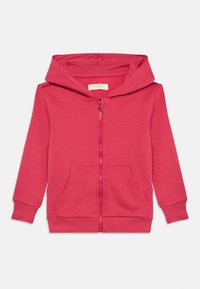 Κόκκινο φούτερ με κουκούλα, εμπρόσθιο φερμουάρ, δύο πλαϊνές τσέπες και επενδυμένη κουκούλα. Κατασκευασμένο από μαλακό ύφασμα με ριμπ μανσέτες και κάτω μέρος. Απλός, καθημερινός σχεδιασμός.