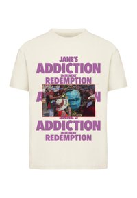 Cream-colored cotton t-shirt featuring a central graphic and large text: "JANE'S ADDICTION" and "IMMINENT REDEMPTION" in purple.