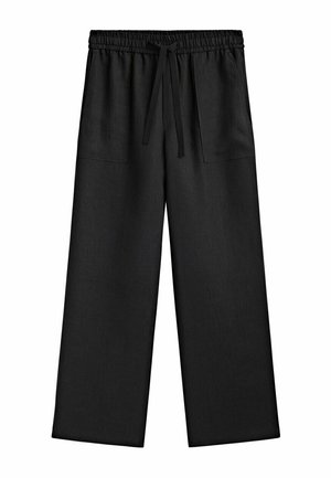 Pantalon noir à jambes larges avec taille élastique et cordon, grands poches avant et coupe décontractée.