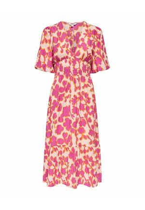 Midi ruha rózsaszín és narancssárga virágmintával, V-nyakkivágással, rövid pufók ujjakkal, elasztikus derékkal és begyűrt szegéllyel.