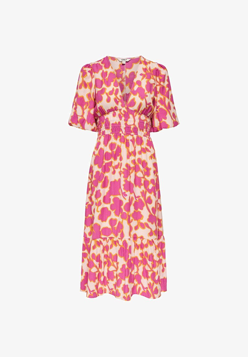 Robe midi avec motif floral rose et orange, col en V, manches courtes bouffantes, taille élastiquée et ourlet froncé.