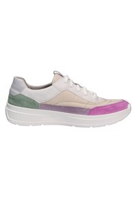 Niedrig geschnittene Sneakers mit einer Kombination aus beigen, grünen, lila und rosa Wildleder- und Lederpaneelen. Weiße Gummisohle und Schnürsenkel.