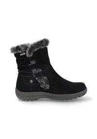 Botín de ante negro con ribete de pelo sintético, cordones elásticos decorativos y suela de goma gris. Presenta una puntera redondeada y un leve tacón.