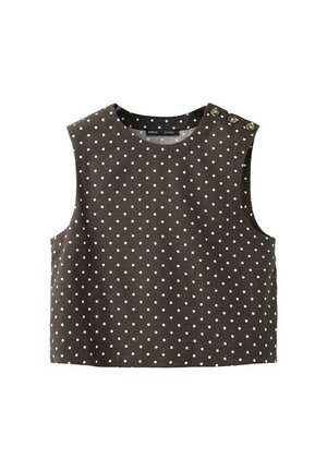 Bruin mouwloos cropped topje met witte polka dots, ronde halslijn en drie decoratieve knopen op de linker schouder.