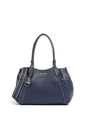 Borsa a mano in pelle blu navy con doppi manici, tracolla regolabile e logo "Liu Jo Milano" in lettere d'argento sul davanti.