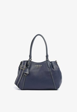 Borsa a mano in pelle blu navy con doppi manici, tracolla regolabile e logo "Liu Jo Milano" in lettere d'argento sul davanti.