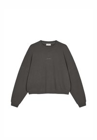 Tmavě šedá krátká mikina s pokleslými rameny, kulatým výstřihem a jemným logem na přední straně. Vyrobena z měkké bavlněné látky.