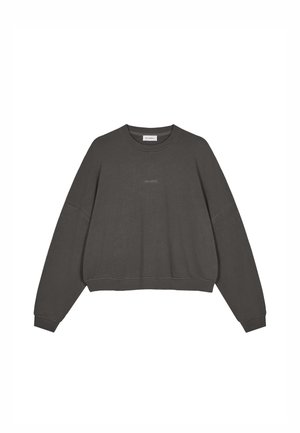 Donkergrijze cropped sweatshirt met verlaagde schouders, ronde hals en een subtiel logo aan de voorkant. Gemaakt van zacht katoenen stof.