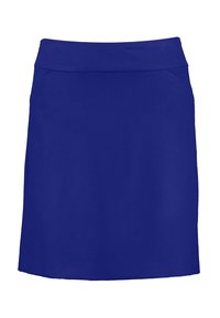 Jupe bleue, longueur genou, faite d'un tissu lisse. Dotée d'une taille élastique et de deux poches latérales. Design simple et épuré sans motifs visibles.