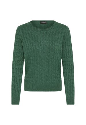 Pulover tricotat verde cu mâneci lungi, guler rotund, model texturat și manșete și tiv cu nervuri. Fabricat dintr-un material moale.