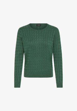 Zöld, kötött pulóver hosszú ujjakkal, kerek nyakkal, texturált mintával, és bordázott mandzsettával és szegéllyel. Puha anyagból készült.