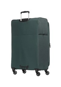 Valigia verde scuro con superficie texturizzata, manico estraibile e quattro ruote nere. Presenta una tasca laterale e zip di precisione.