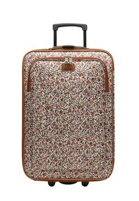 Valigia rigida con motivo floreale in rosso, oro e crema. Presenta una finitura in finta pelle marrone, un manico telescopico e ruote.