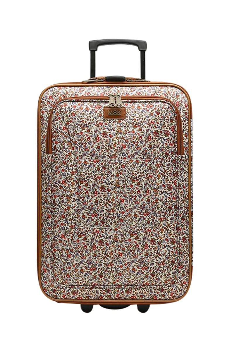 Valigia rigida con motivo floreale in rosso, oro e crema. Presenta una finitura in finta pelle marrone, un manico telescopico e ruote.
