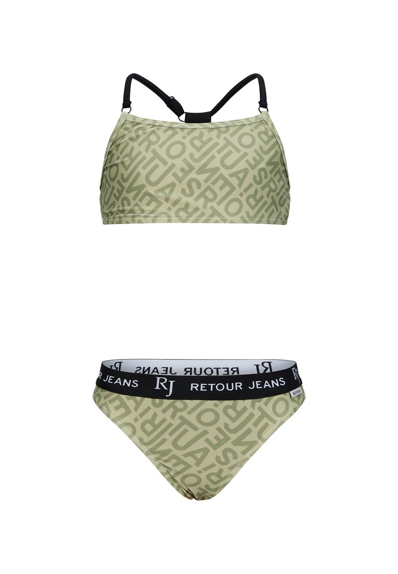 Completo bikini in due pezzi di un verde oliva chiaro, con un top a fantasia con spalline nere e slip coordinati con una cintura nera.